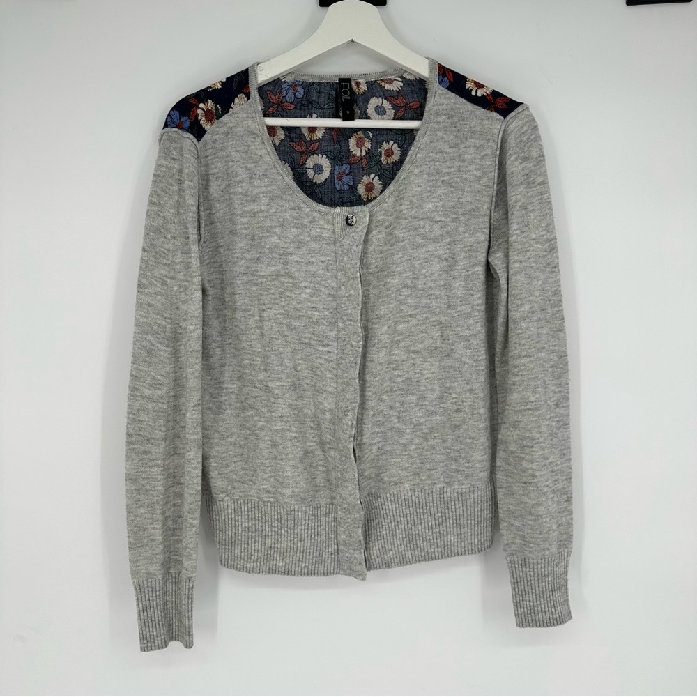 Foil Merino Wool Floral Back Gray Cardigan Sweater Small